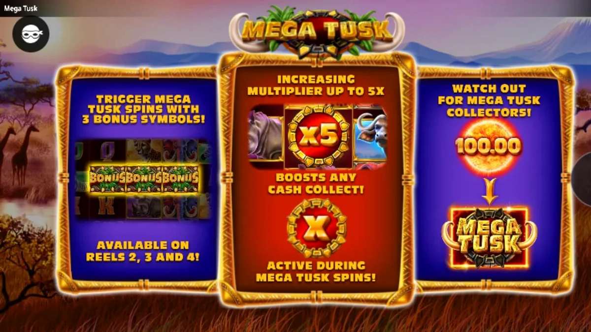 Pemandangan savana Afrika dalam slot Mega Tusks dengan simbol satwa liar
