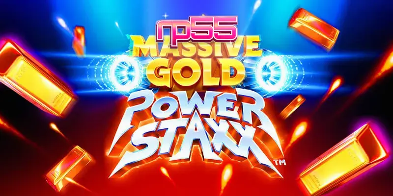 Tampilan layar Massive Gold Power Staxx, menampilkan gulungan yang diterangi neon dengan simbol emas dan latar belakang galaksi fiksi ilmiah.